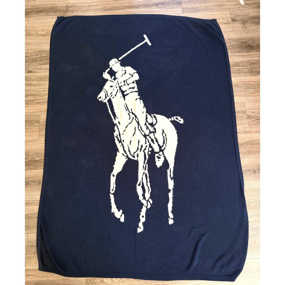 Polo Ralph Lauren Pony polo player Logo navy blue knit 100%cotton throw blanket